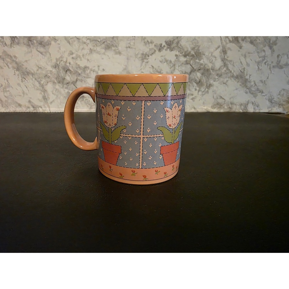 Vintage Russ Berrie Potted Tulips Coffee Mug Peach Blue Floral Japan 8206